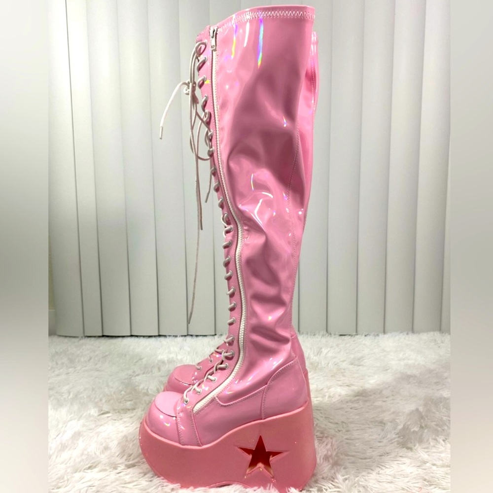 DEMONIA Dynamite-300 Faux Leather Iridescent Knee High Platform Boots Pink 10